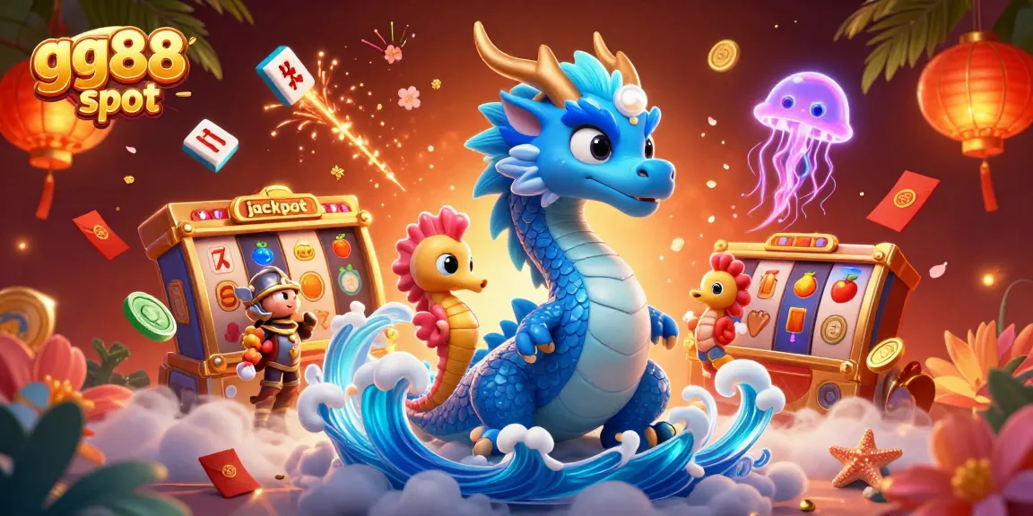 Experience the excitement of gg88 slot with vibrant 3D illustration of a dragon, seahorse knight, and slot elements.