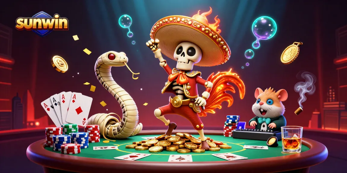Spin and win at sunwin with a vibrant casino illustration featuring colorful poker elements.