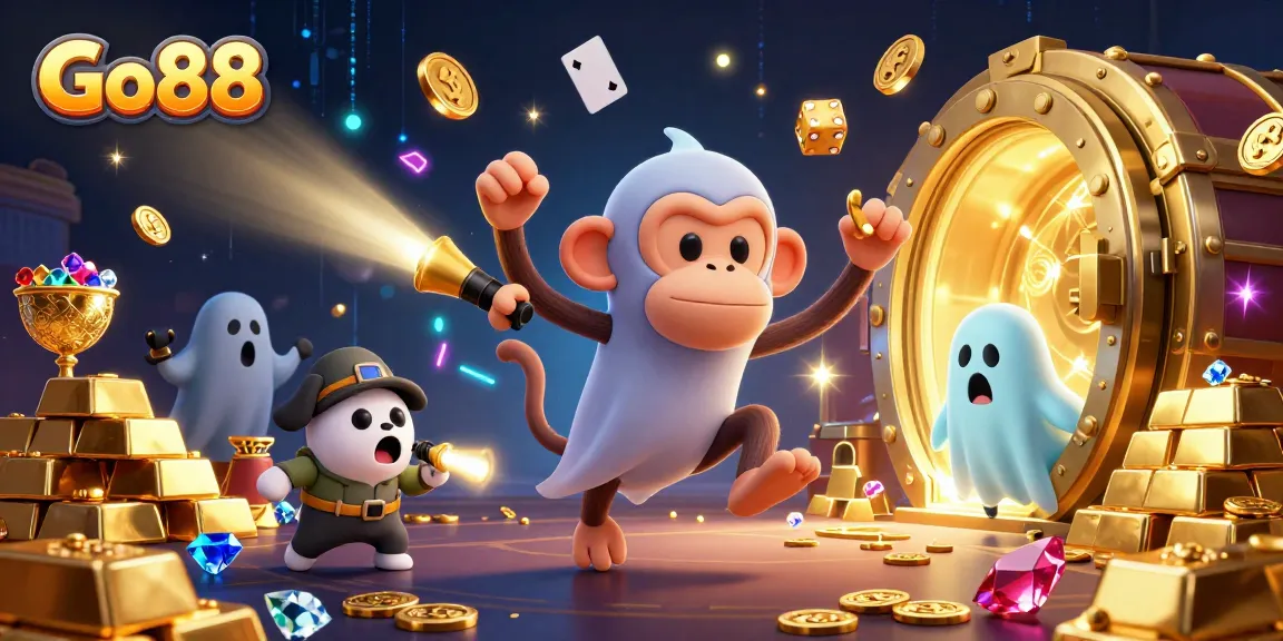 Engage with Go88's whimsical casino adventures featuring a mischievous monkey and a ghost-hunter puppy.