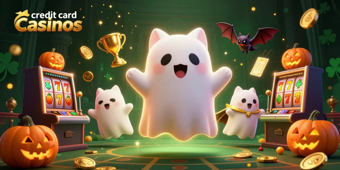 Engage with exciting credit card casinos featuring a ghost cat and vampire bat in a vibrant casino scene.