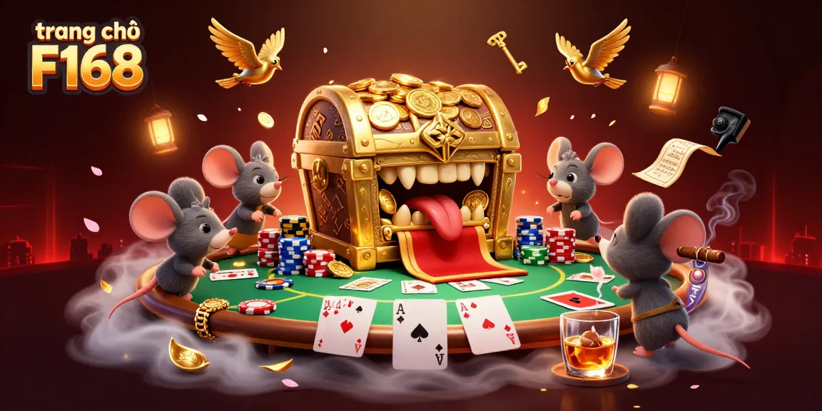 Engaging scene of trang chủ F168 featuring a golden treasure chest, poker elements, and vibrant casino atmosphere.