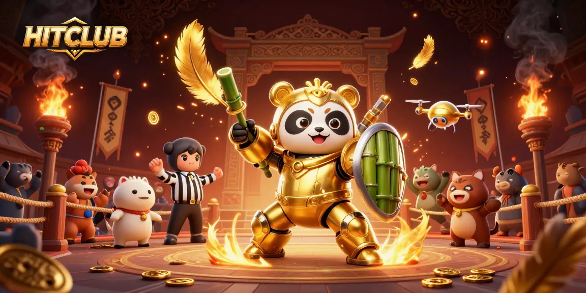 Engage with HITCLUB through the dynamic casino scene featuring a panda in a mech-suit.