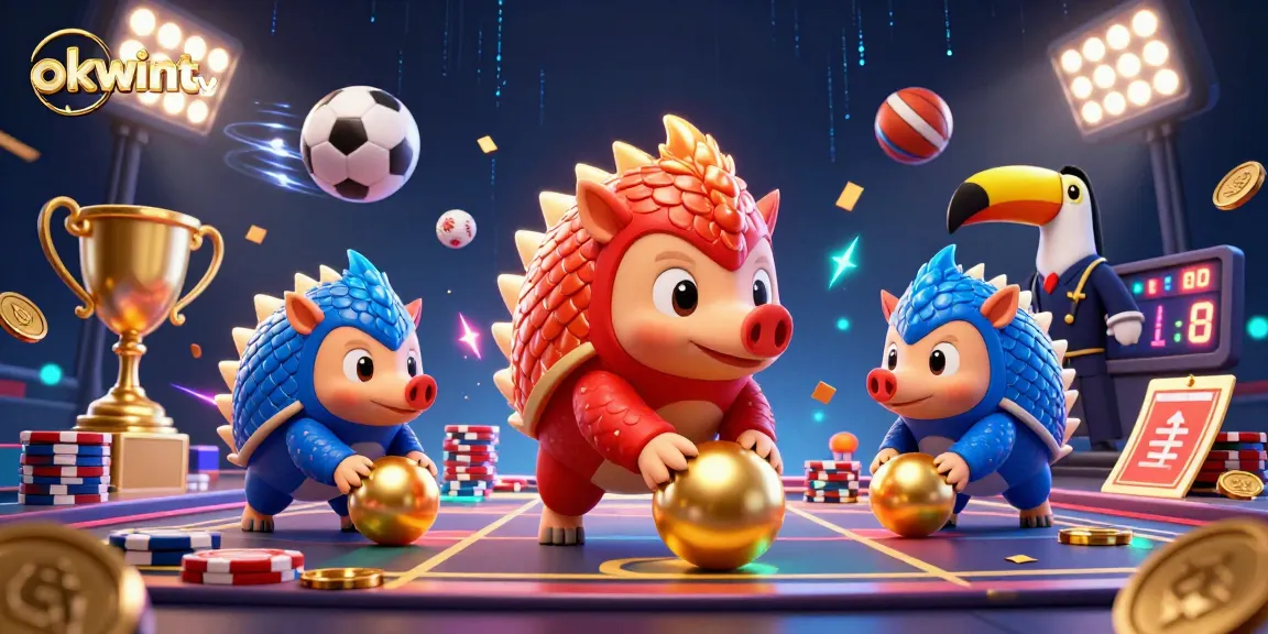 Experience thrilling sports action with okwintv as rival pangolins roll through poker chips amidst golden sports elements.