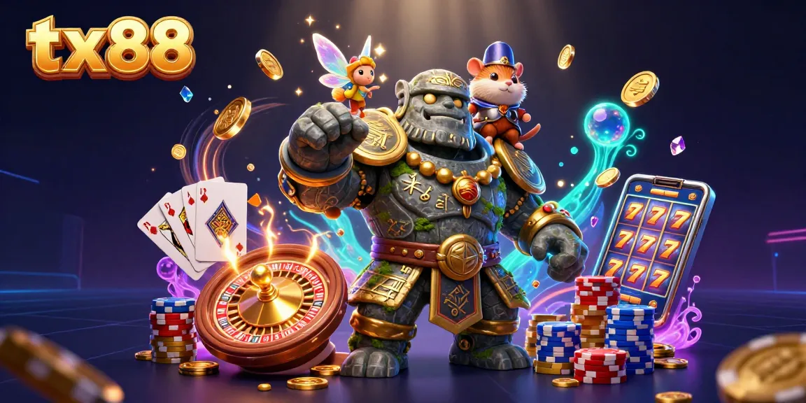 Experience thrilling gameplay at tx88 with a magical scene featuring a stone guardian, fairy, and hamster knight!