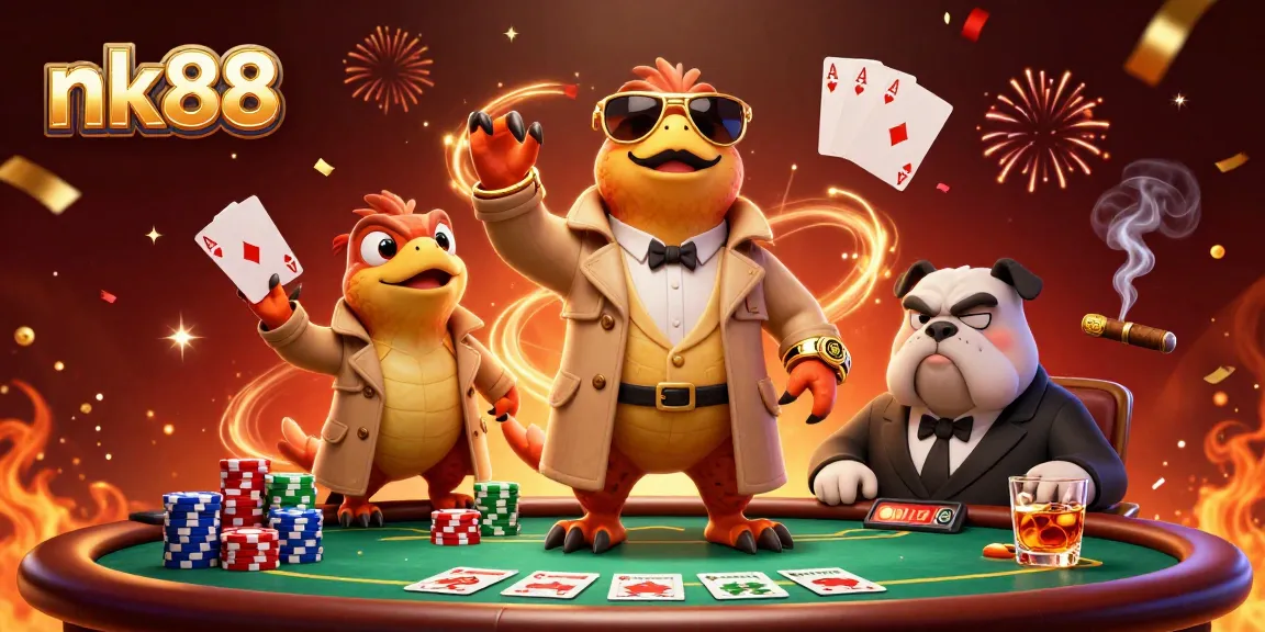 Engage with nk88's vibrant casino experience, featuring cartoon raptors in a trench coat.