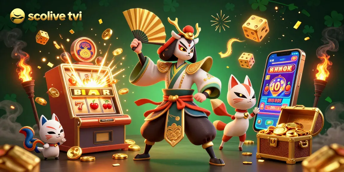 Socolive tivi showcases a vibrant 3D illustration of a kabuki warrior and kitsune mask in an energetic casino scene.