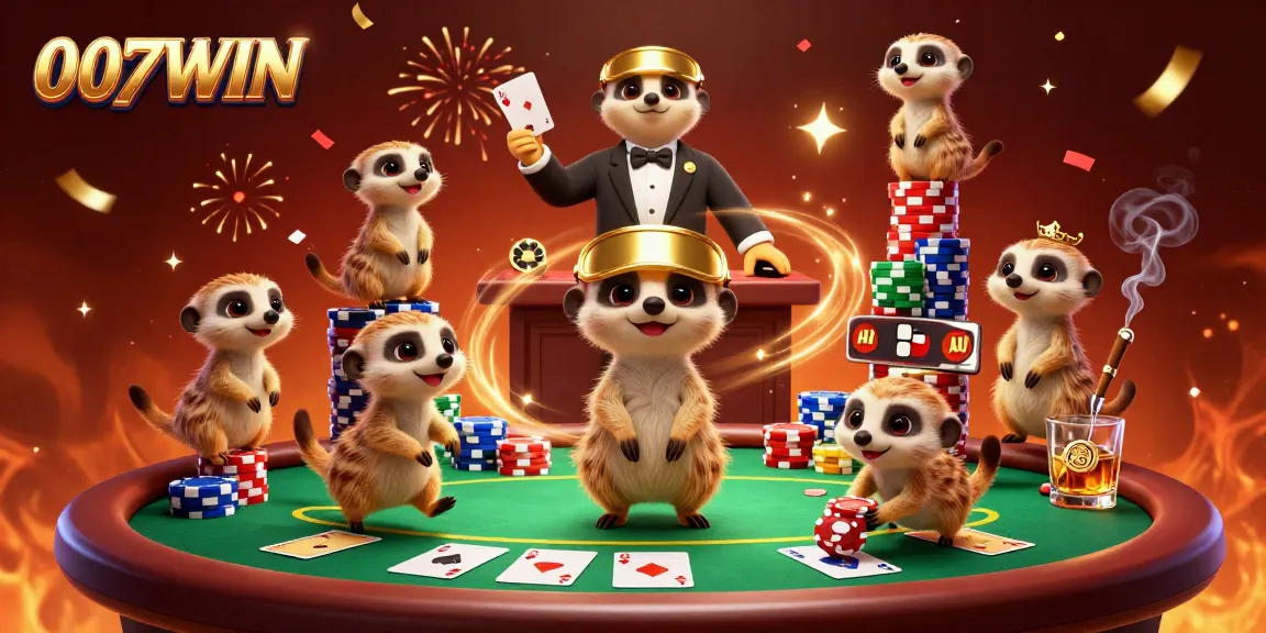 Experience thrilling games at 007WIN with fun meerkats managing a vibrant casino scene.