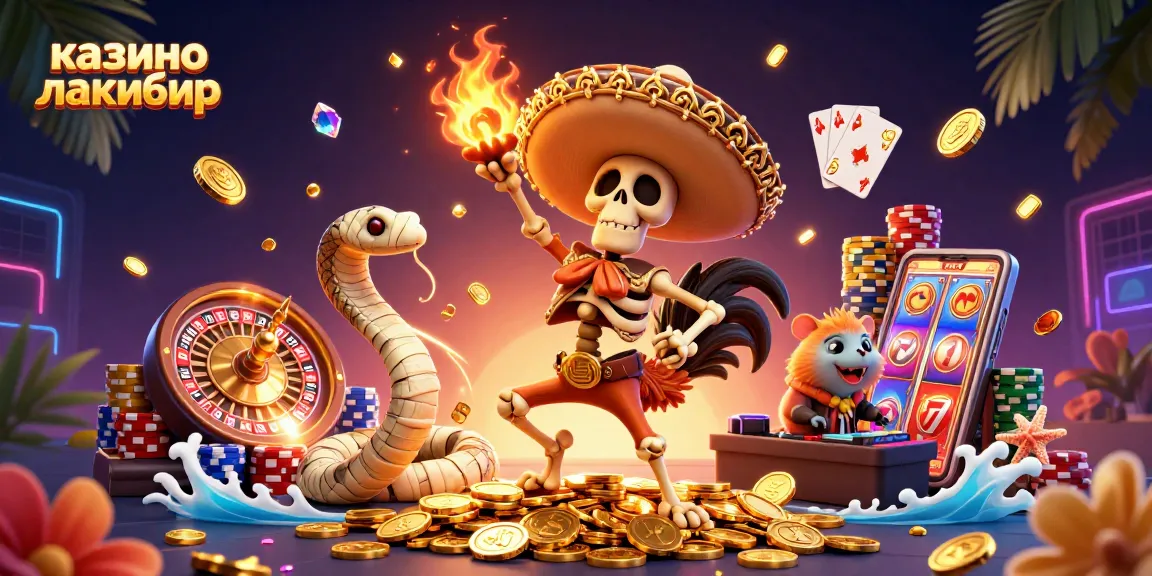 Engage in winning strategies at казино лакибир with vibrant 3D characters celebrating among casino elements.